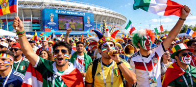 各国球迷在世界杯赛场外聚集，展示丰富多彩的球迷文化