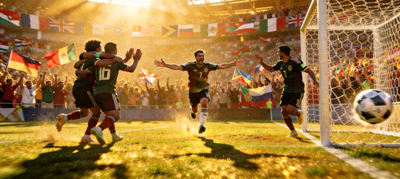 足球世界杯淘汰赛精彩进球瞬间，球员庆祝画面